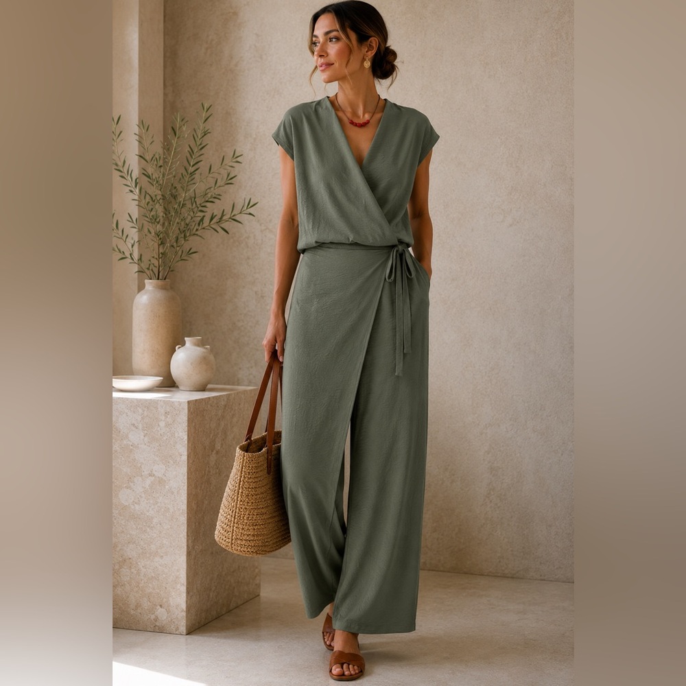Zara Olive Color Set: Draped V-Neck Top & Pareo Pants